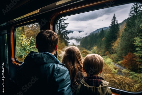 Photo from behind of a family taking a scenic train ride. Generative AI photo