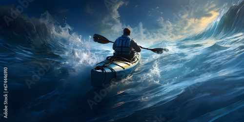 Paddling the kayak in the calm in rough water, Extreme sports concept