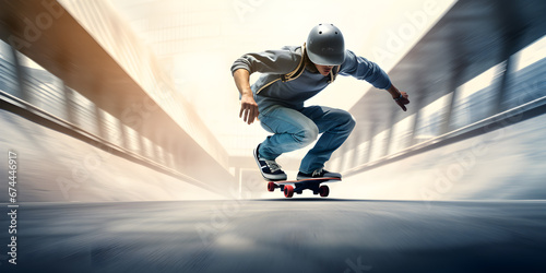 skateboarder jumping in action on the street, Extreme sports concept