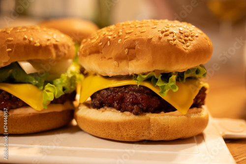 Closeup view of yummy homemade cheesburgers