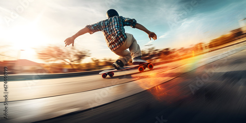 skateboarder in action motion on the road, Extreme sports concept photo