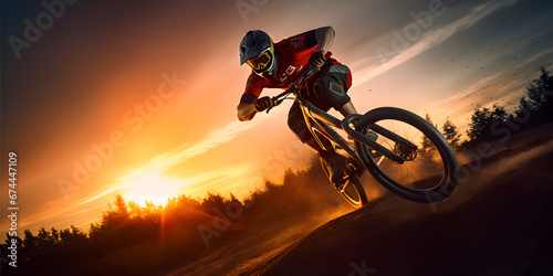 BMX bike athlete in jumping action motion riding sunset in the park, extreme sports concept