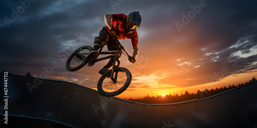 BMX bike athlete in jumping action motion riding sunset in the park, extreme sports concept