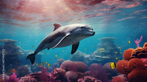 An underwater scene of a Vaquita playfully leaping out of the water  surrounded by vibrant marine life  all in stunning high detail and full ultra HD 8K clarity.