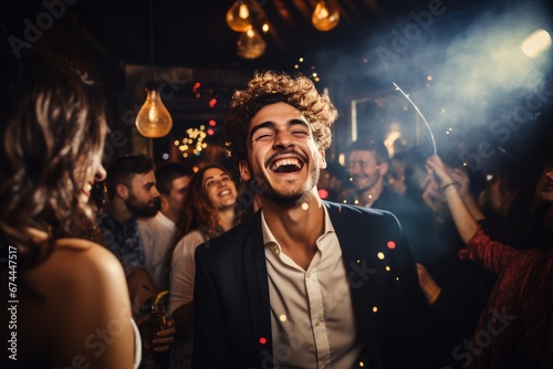 Photo of a beaming young man celebrating with friends at a party. Generative AI