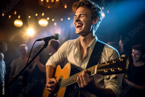 Photo of a beaming young man enjoying a live music performance. Generative AI