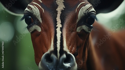 Close-up of an Okapi's face, showcasing its unique features and large, expressive eyes in stunning 8K resolution.