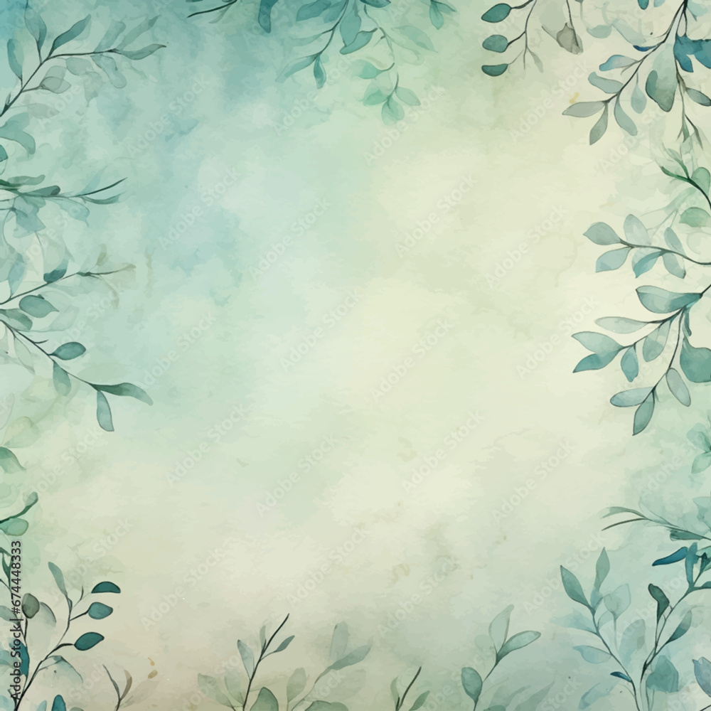 watercolor green frame, background with leaves