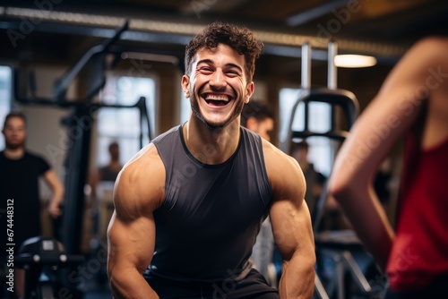 Photo of a beaming young man participating in a fitness activity. Generative AI