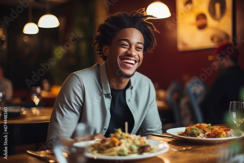 Photo of a beaming young man savoring a delicious meal at a restaurant. Generative AI