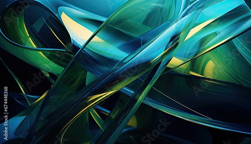 abstract background with liquid and plastic ribbons, green and blue colors