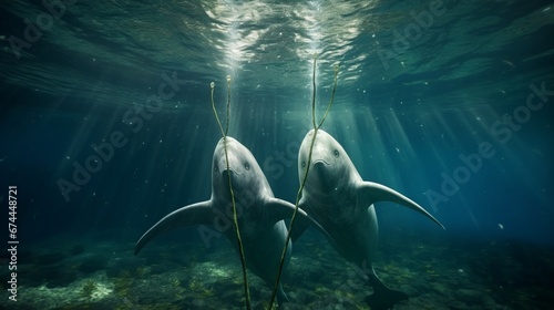 Two narwhals engaging in a playful underwater dance, their tusks intertwined in a mesmerizing display of nature's beauty. © Habib