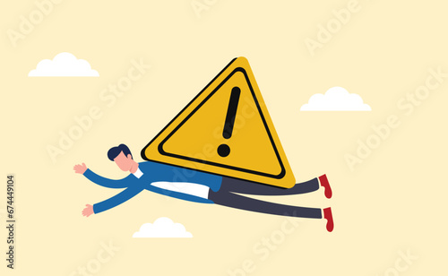 risk alarm with exclamation point symbol, error or failure warning, bankruptcy notice alert, problem attention concept, frustrated businessman fall under attention sign.