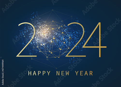 Golden and Dark Blue Modern Style Happy New Year Greeting Card, Creative Vector Design Template with Polygonal Globe on Glittering Background - 2024