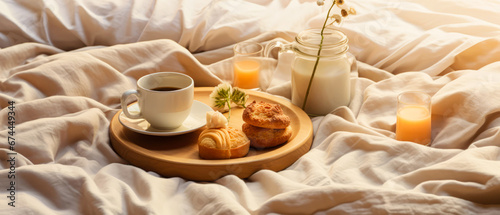 Cozy romantic composition with tray of breakfast on bed linen sheet. still life. Cup of coffee, with foods. warm candle light. Morning relax,ambience. Hotels bedroom. Generative ai.