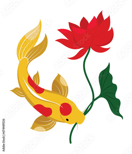 Koi carp with lotus flower, hand drawn isolated vector illustration with traditional Asian symbols