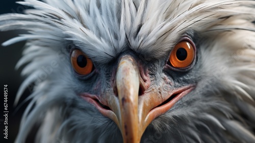 A close-up of a Secretary Bird s face  highlighting its unique facial features and striking eyes in 8K high detail.