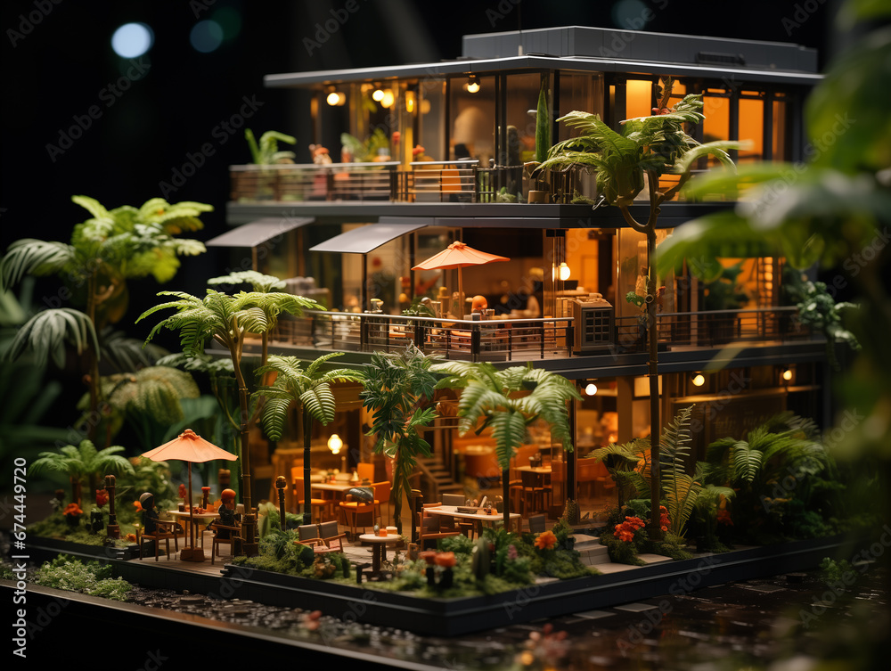 A cozy and luxurious model restaurant surrounded by trees. A miniature restaurant where you can feel comfortable. A quiet restaurant in the afternoon. Generative AI