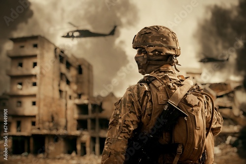 Special force between smoke and gas in destroyed city at battlefield