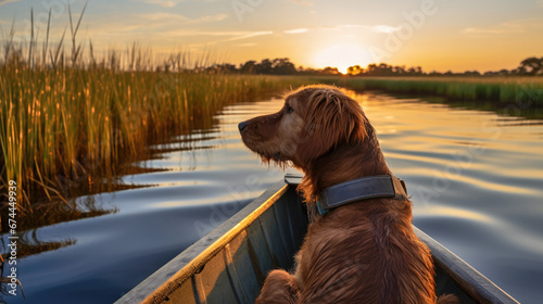 chien vu de dos, assis à l'avant d'une barque dans un marais tôt le matin