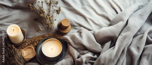 Close up of candle composition on tray on linen bad sheet. Top view, flat lay, Romantic still life with breakfast. Romantic mockup, template. Morning relax,ambience.Hotels bedroom.Generative ai. photo