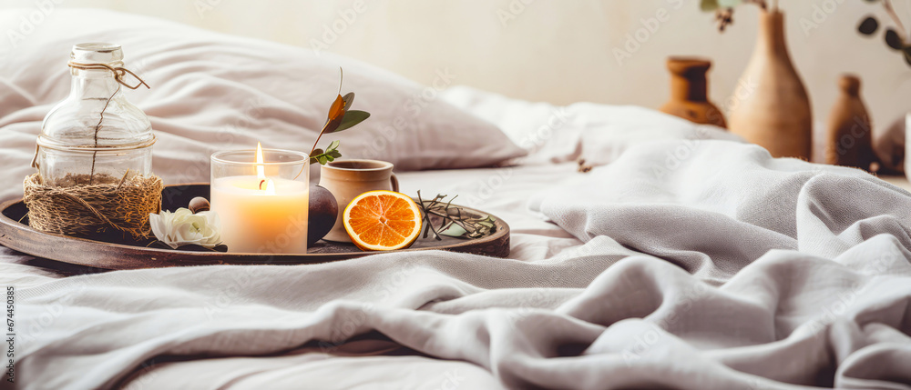 Cozy candle composition on tray on linen bad sheet. Romantic still life with soft lights. Romantic mockup, template. relax,ambience. Hotels bedroom. Generative ai.	