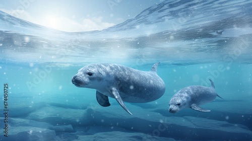 A family of narwhals  including a protective mother and her calf  swimming gracefully together in the Arctic s icy depths.