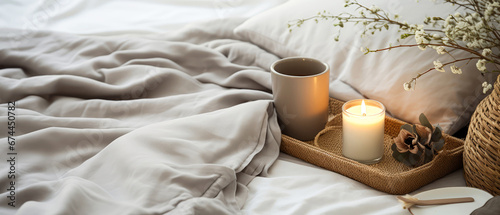 Foto Cozy romantic composition with tray of breakfast on bed linen sheet