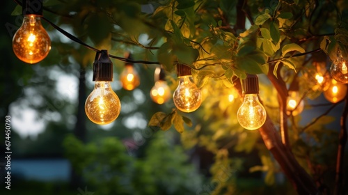 Garden string lights with bulbs in the summer