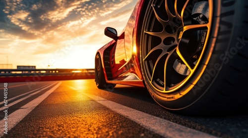 Racing car racer wheel racing on track at sunset