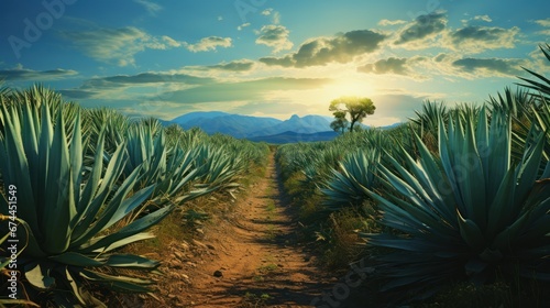 image capturing a pathway stretching into a field filled with agave plants.