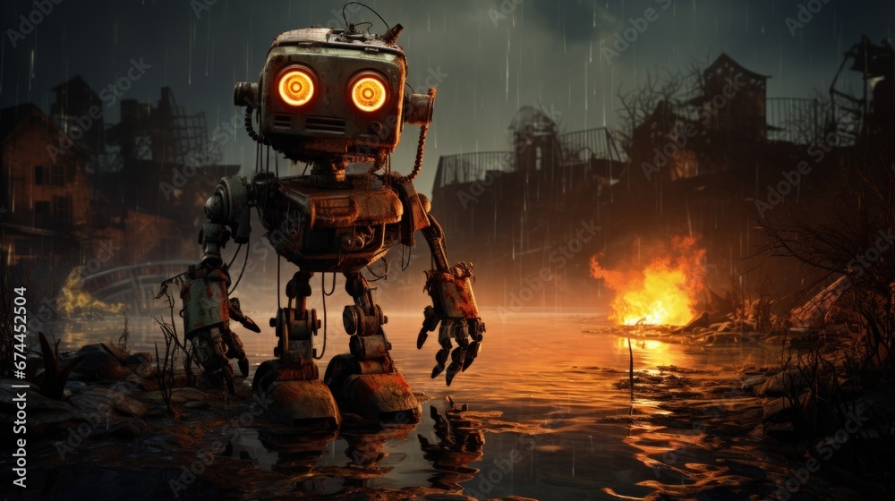 Solitude in Ruins: A Rustic Robot's Contemplation Amidst Apocalyptic Decay