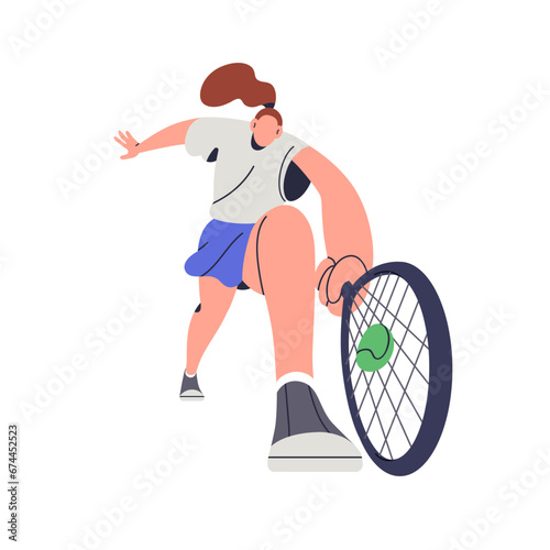 Tennis player hitting ball with racket in hand. Girl athlete playing court game. Sports woman, professional sportswoman during tenis match. Flat vector illustration isolated on white background