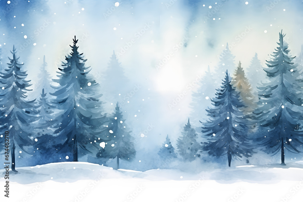 Naklejka premium Beautiful watercolor style drawing with trees with falling snow in winter landscape and copy space