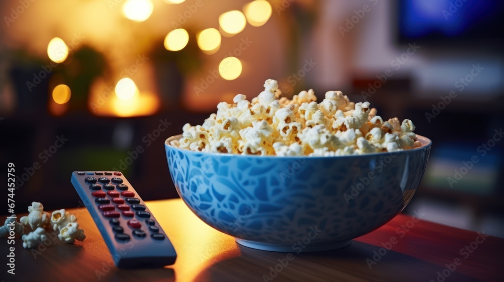 popcorn and remote control in living room for tv shows and series popcorn and remote control in living room for tv shows and series