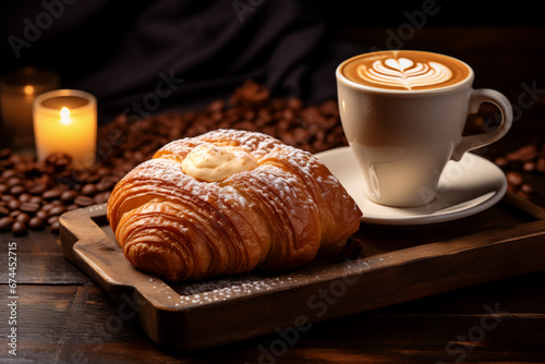 Croissant und eine Tasse Kaffee auf einem Tablett, platziert auf einem rustikalen Holztisch, mit Kaffeebohnen und einer Kerze im Hintergrund