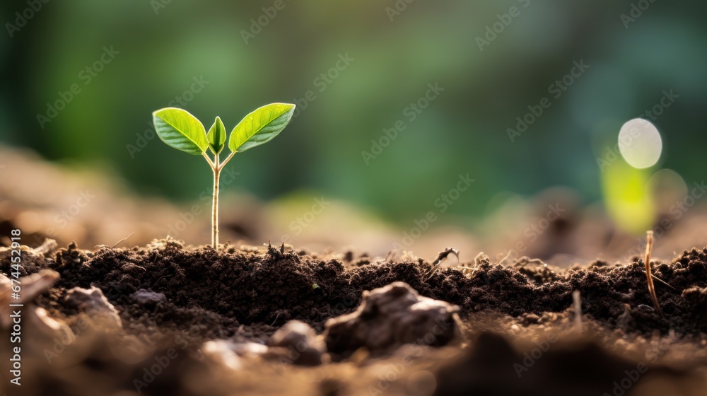 Plants growing from the soil in the forest with a blurred background. - obrazy, fototapety, plakaty 