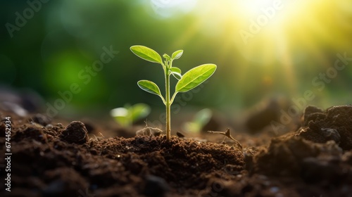 Plants growing from the soil in the forest with a blurred background.