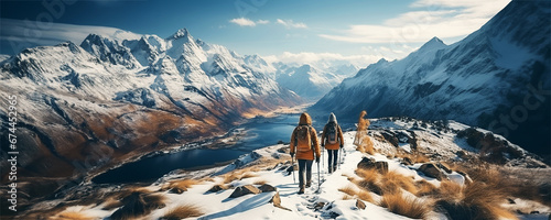 Panorama of Mountainer couple snow trekking on top of snowy mountain range