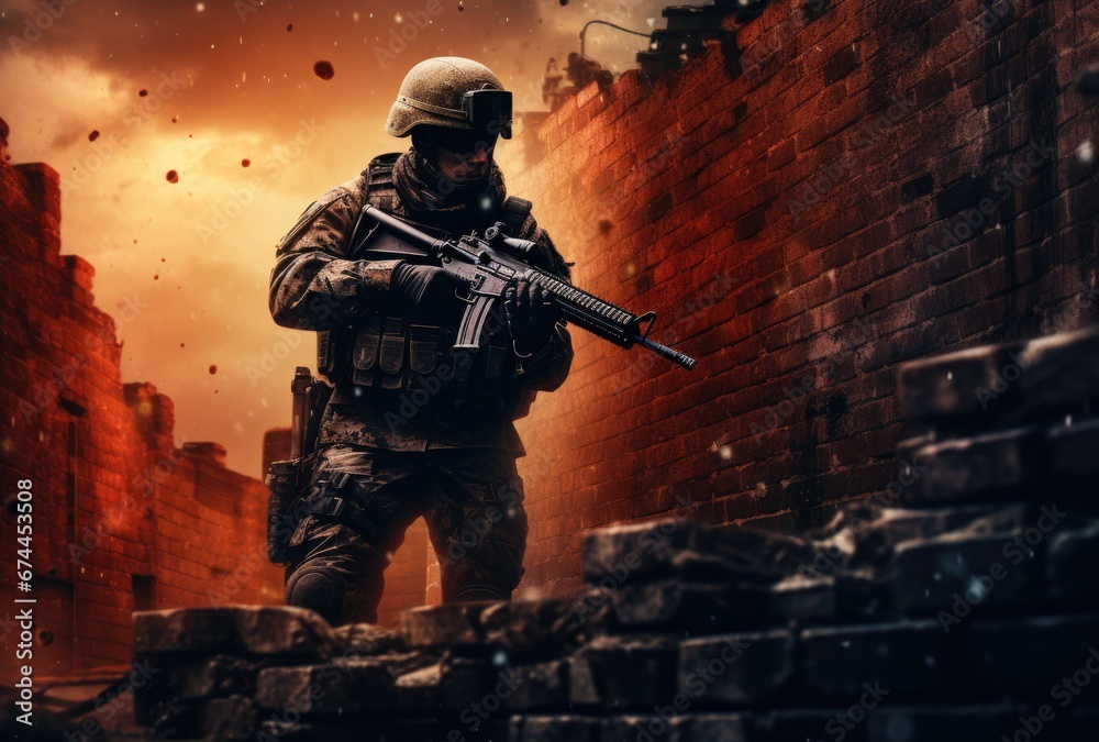 soldier in the smoke moving in battle operation