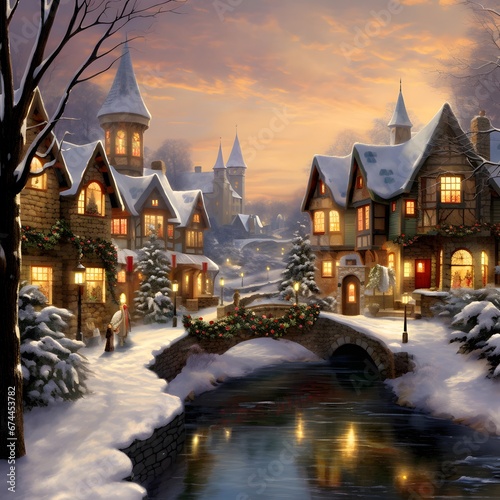 Winter landscape with houses and bridge. Digital painting. Illustration.