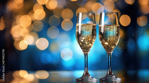 the New Year's party, champagne glasses are displayed against a backdrop of shimmering gold and vibrant blue.