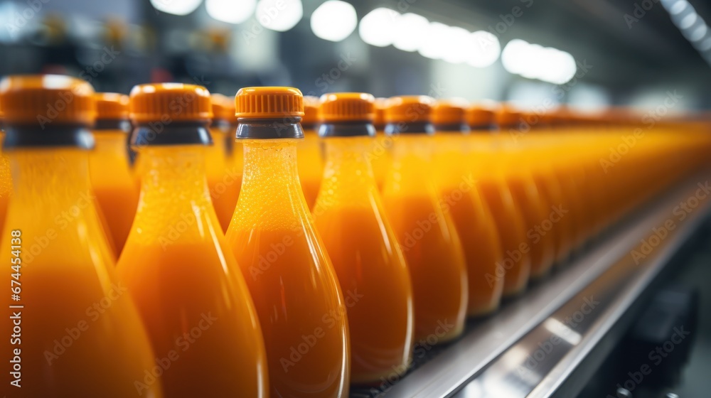 Orange juice production line with many bottles being put through the machine