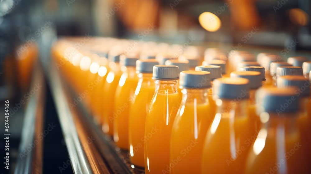 Orange juice production line with many bottles being put through the machine Orange juice production line with many bottles being put through the machine