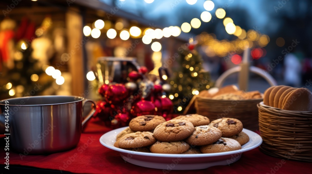 Enjoying Christmas with Steaming Cocoa and Tempting Cookies Surrounded by the Radiant Lights of a Festive Market.