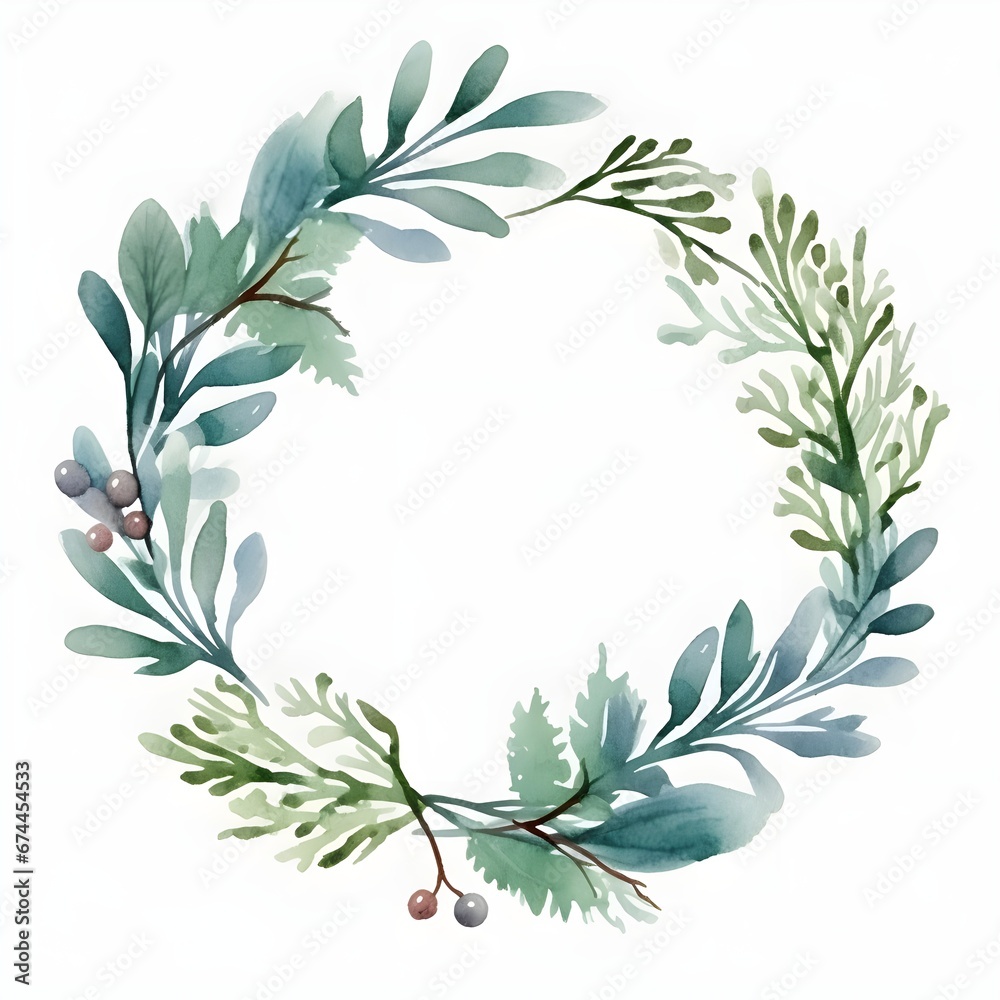 Watercolor winter greenery wreath illustration, transparent background. Christmas border, round frame, holiday card template. Generative AI