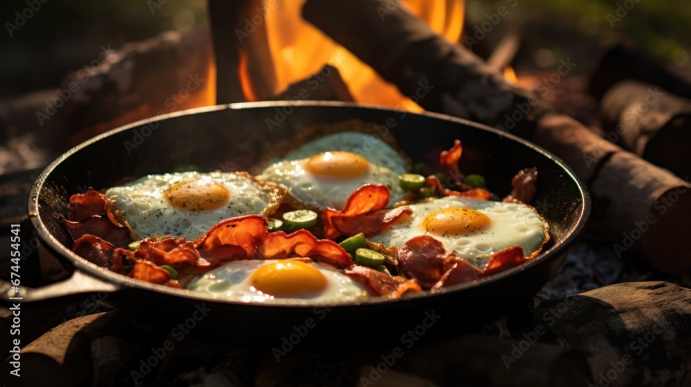 Cooking skillet with eggs and bacon frying on the campfire outdoors.