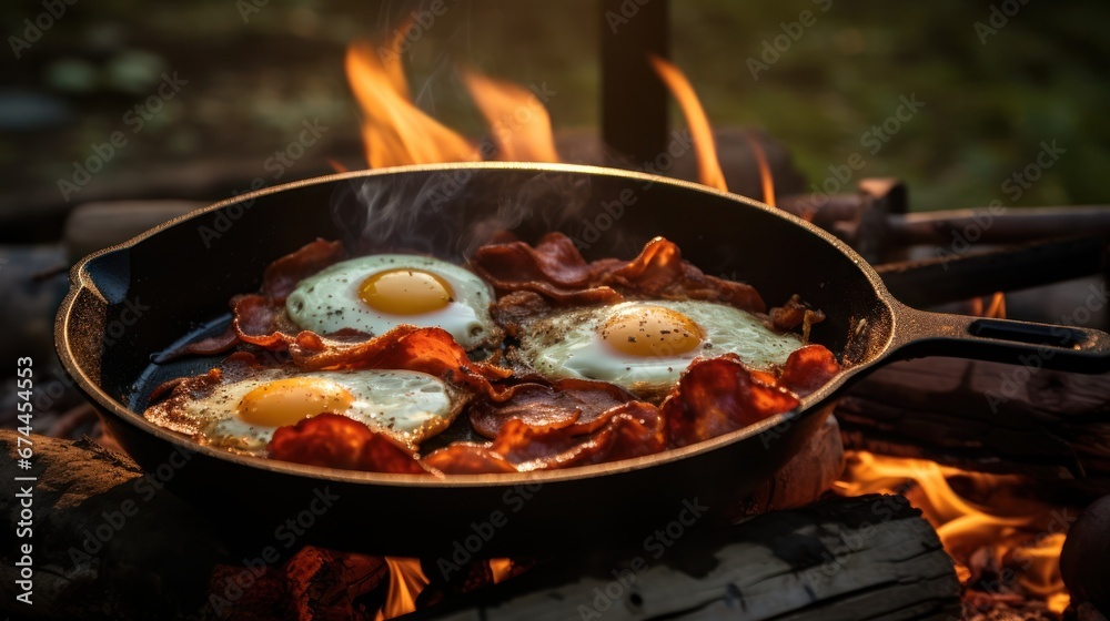 Skillet with fried eggs and bacon sizzling over an open campfire. Skillet with fried eggs and bacon sizzling over an open campfire.