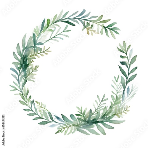 Watercolor winter greenery wreath illustration  transparent background. Christmas border  round frame  holiday card template. Generative AI