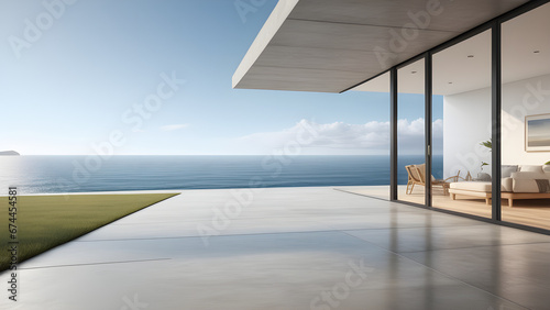 Beach house with empty floor for car park. 3d rendering of concrete patio in modern sea view home. © IBRAHEEM'S AI